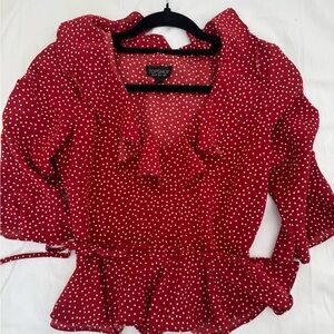 Topshop Red Polka Dot Ruffle Peplum Tie-Waist Blouse